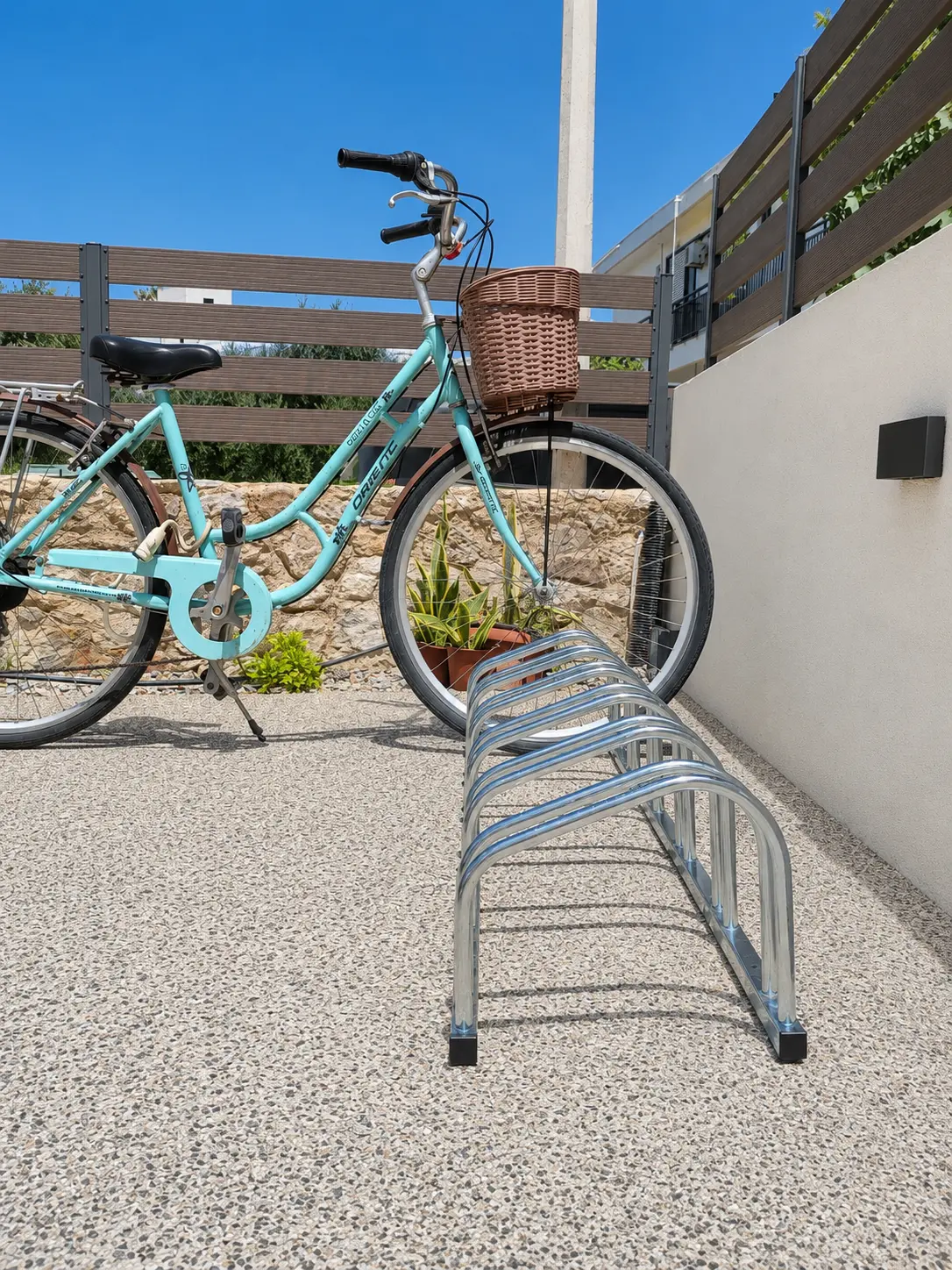 Side view of the bike parking iron construction at Koasis
